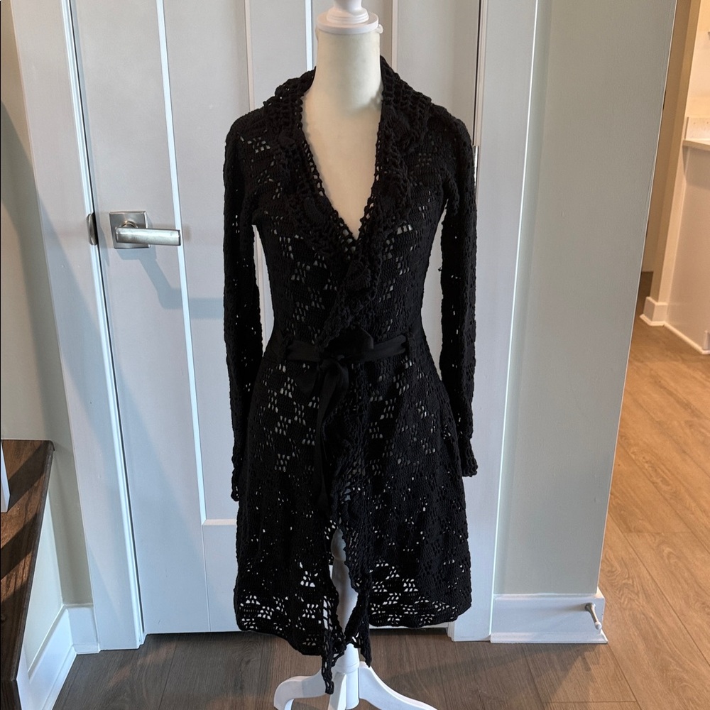 Moda International Black Crochet Tie-Waist Cardigan